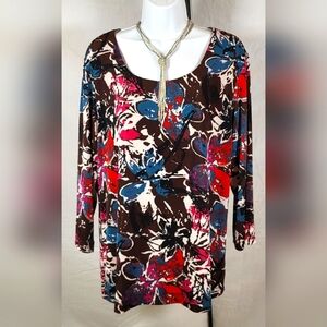 CHICO'S Travelers Floral Print Top | Brown | - Plus Size 3 or Size 16